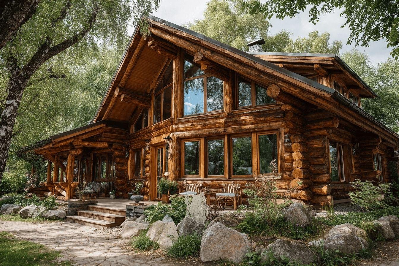 Chalet rustique en bois magnifique Maison en rondins avec terrasse, entourée d'arbres et de rochers