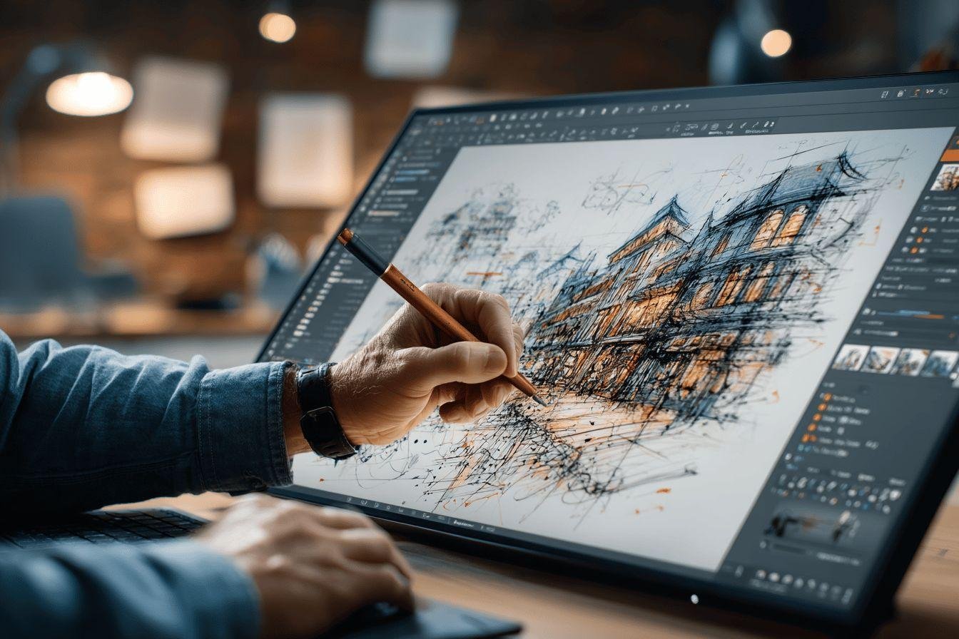 Dessin numérique architectural détaillé Main dessinant un bâtiment complexe sur tablette graphique