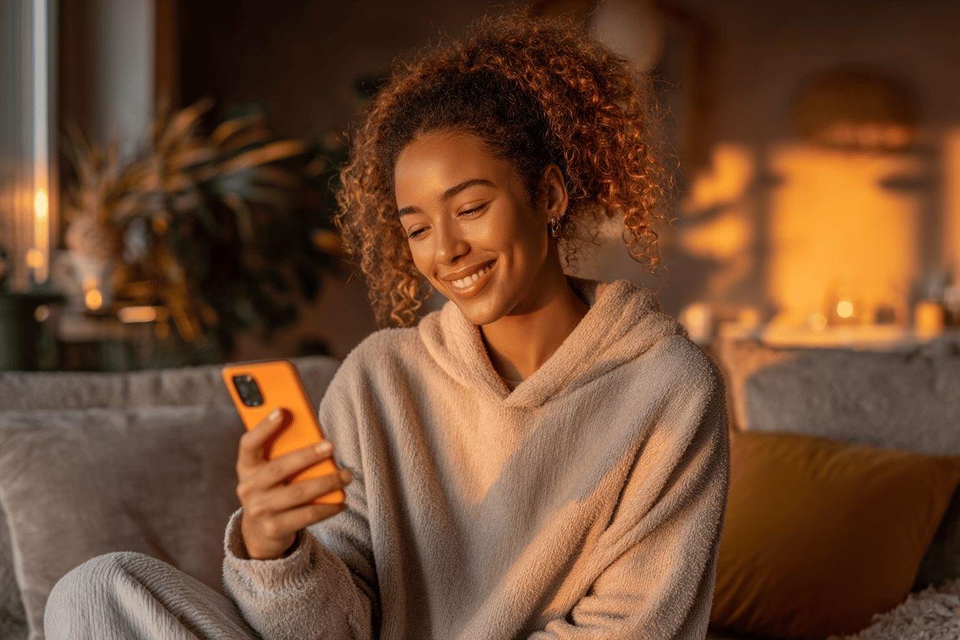 Sourire en textant confortablement Jeune femme heureuse dans un pull, regardant son téléphone