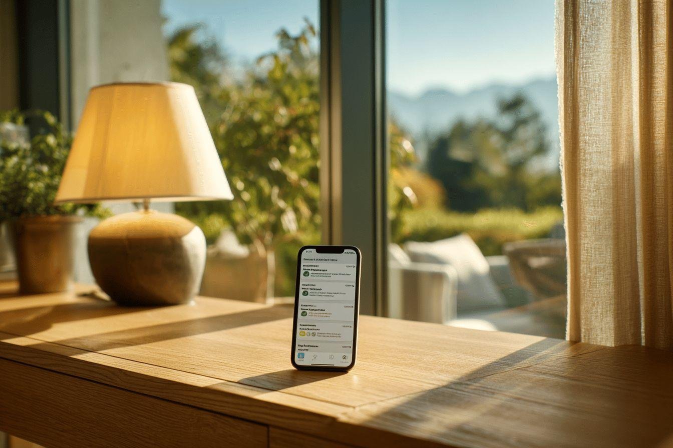 Smartphone près de la fenêtre ensoleillée Téléphone sur table en bois avec lampe et vue nature