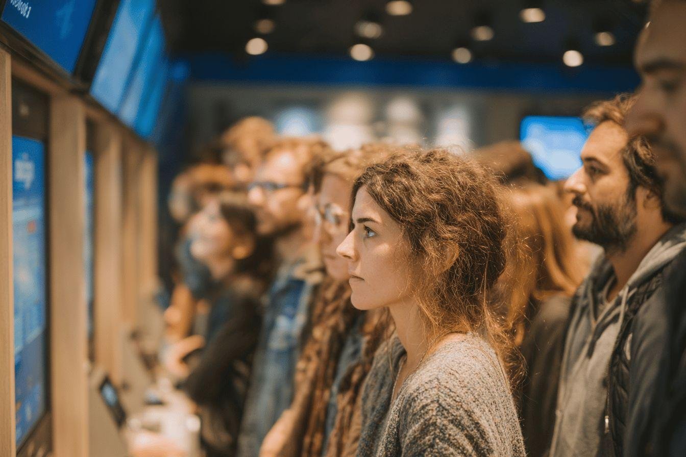 Foule attentive devant écran Plusieurs personnes regardant un écran bleu dans un espace public