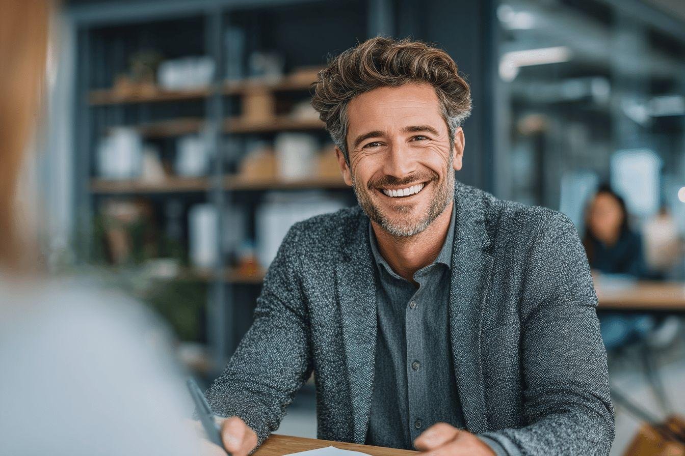 Homme d'affaires souriant au bureau Homme d'âge moyen souriant dans un environnement professionnel