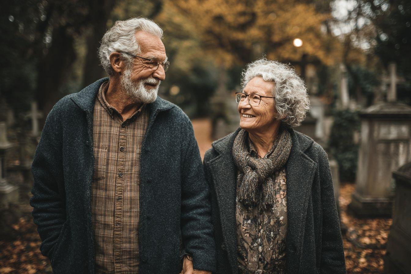 Couple âgé amoureux dans un parc Deux personnes âgées souriantes enlacées en automne