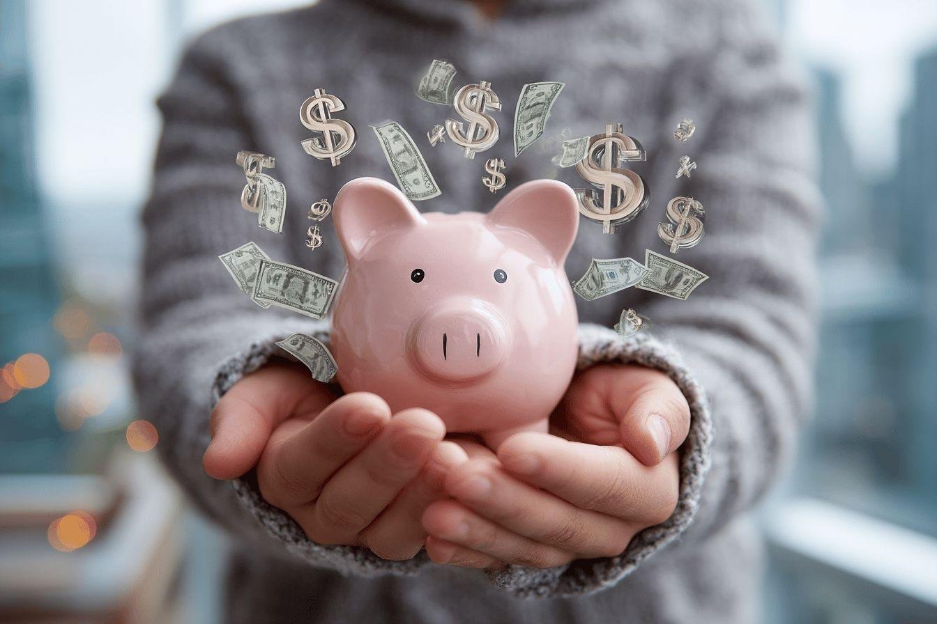Épargner et faire fructifier l'argent Main tenant une tirelire rose avec des billets et des symboles dollars