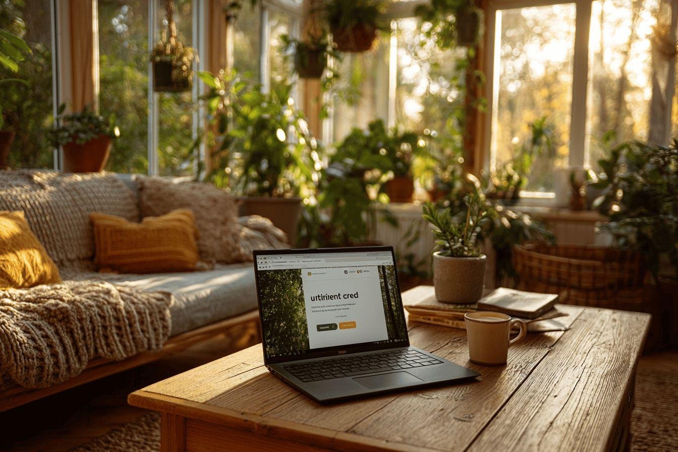 Espace de travail végétal chaleureux Ordinateur portable sur table en bois, environné de plantes vertes