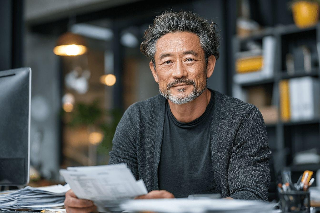 Homme d'âge mûr travaillant paisiblement Homme mature avec des cheveux gris assis à un bureau professionnel