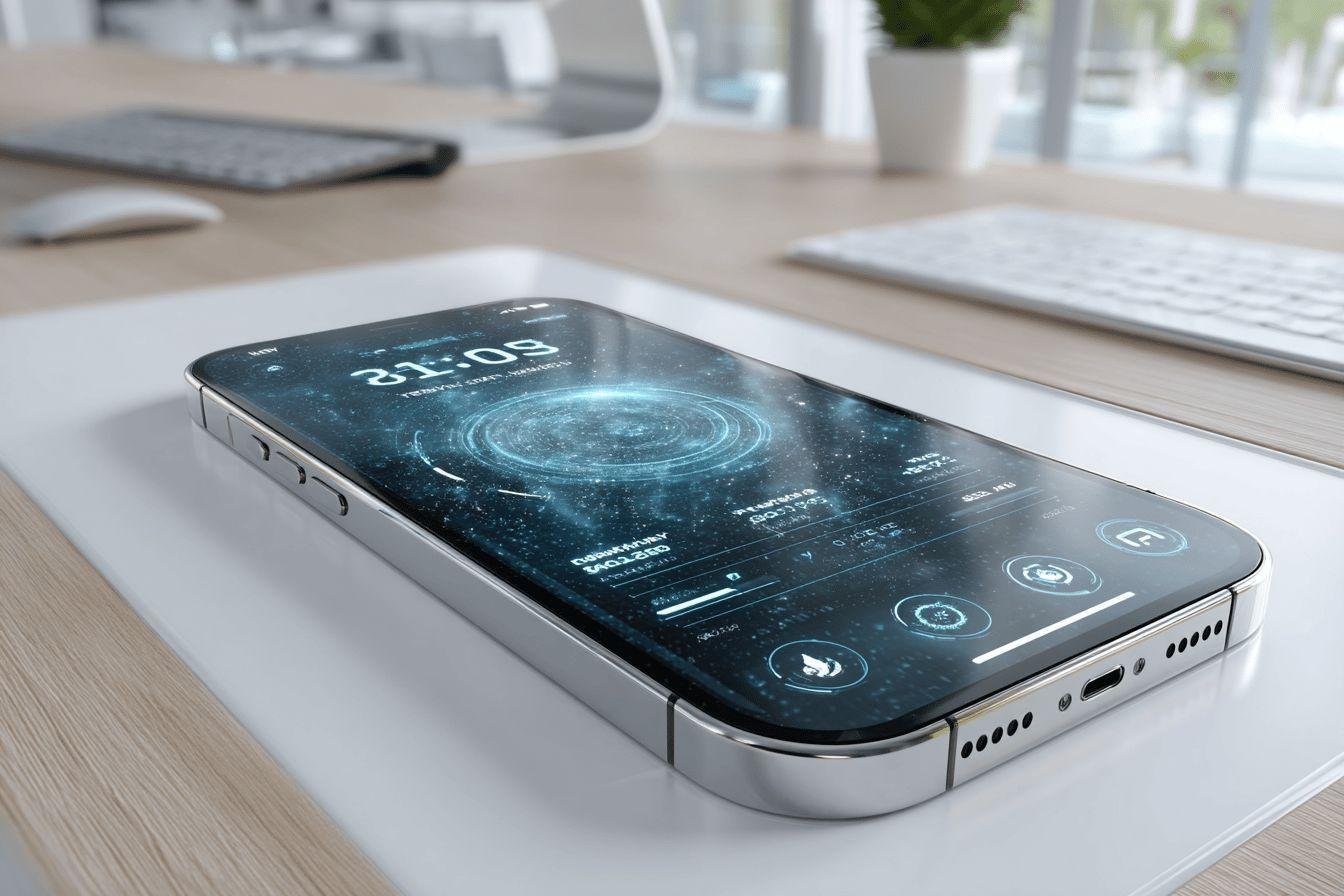 Smartphone futuriste sur bureau moderne Écran de smartphone avec interface holographique sur un bureau