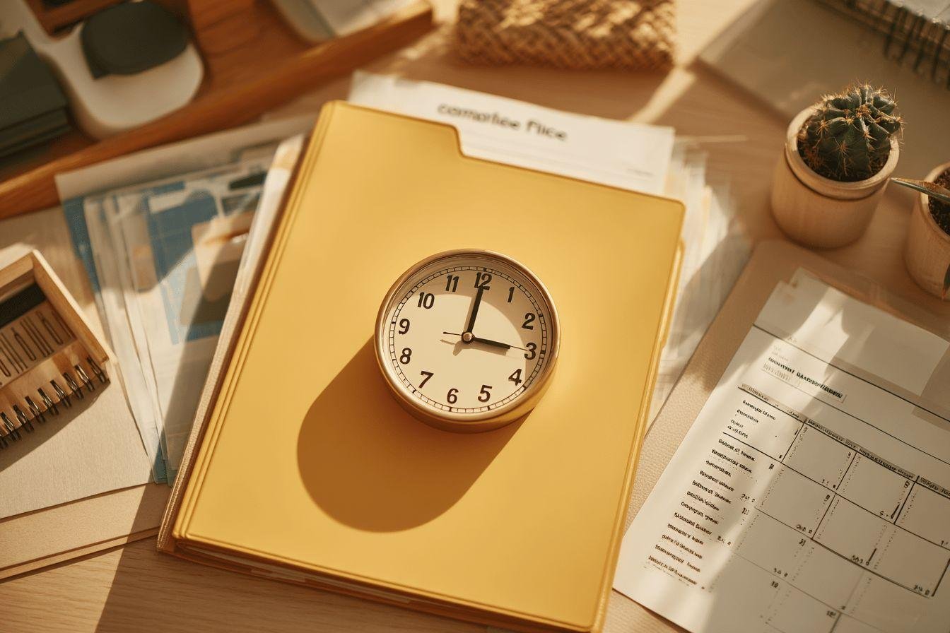 Bureau organisé avec horloge Horloge posée sur un classeur jaune entouré de documents de travail
