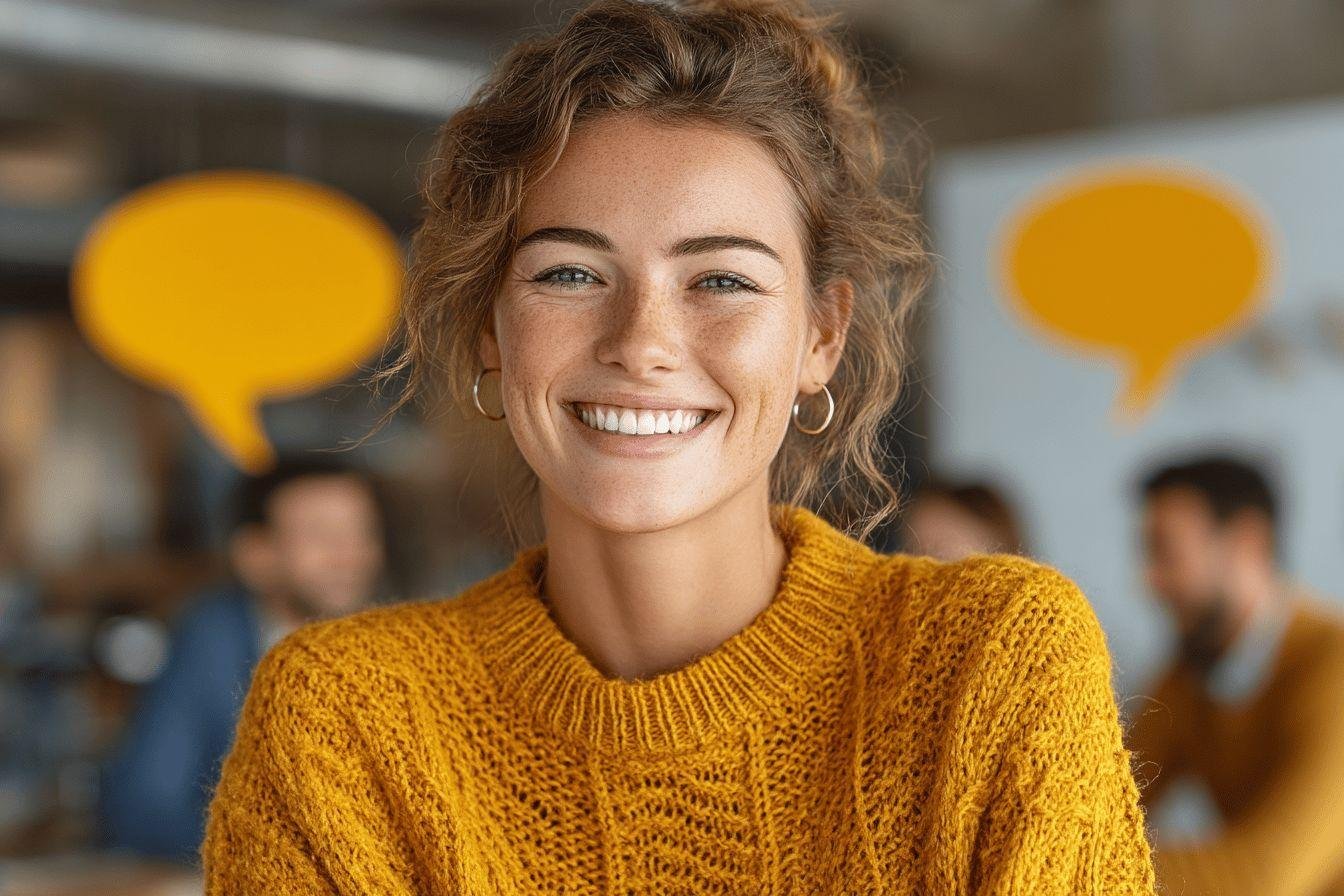 Jeune femme souriante jaune pull Sourire chaleureux dans un pull jaune au bureau