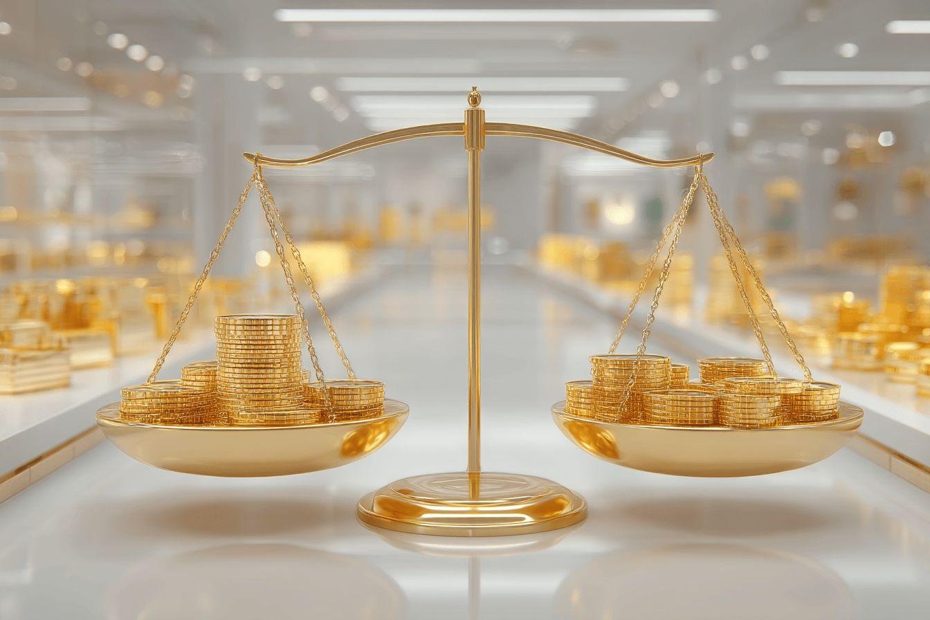 Balance de justice financière dorée Balance à plateaux avec pièces d'or équilibrées